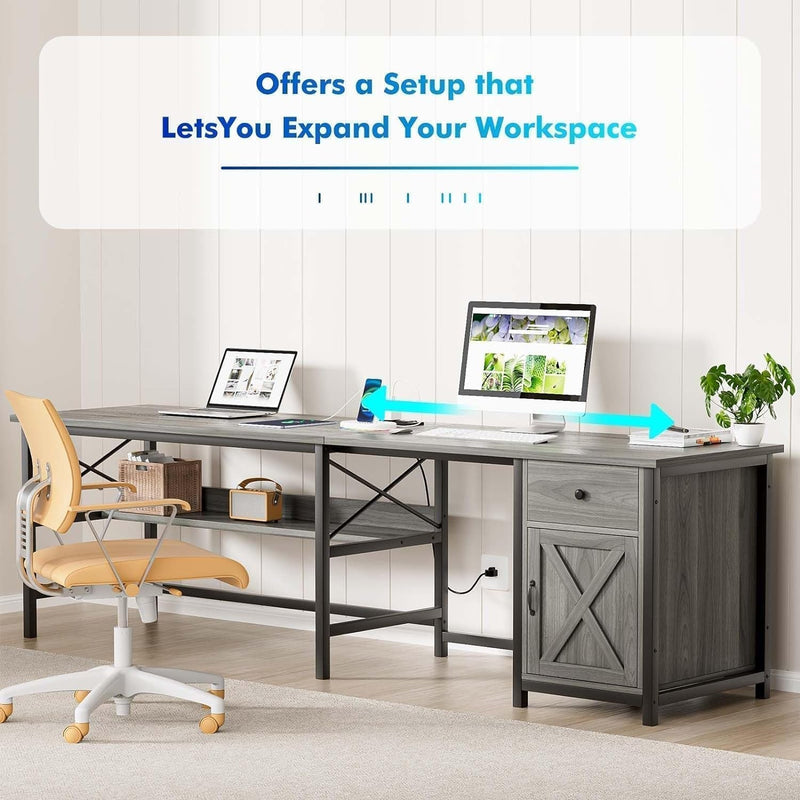 4 EVER WINNER L Shaped Desk with Storage Drawer&Shelves, 63” Farmhouse Corner Computer Desk with Barn Door Cabinet&Power Outlets, Large Executive Office Desk Table for Writing&Work, Grey