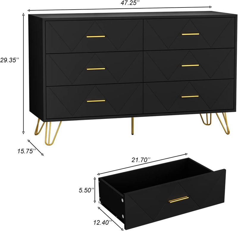 CARPETNAL Black Dresser for Bedroom, Modern Dresser for Bedroom, 6 Drawer Double Dresser with Wide Drawers and Metal Handles, Wood Dressers & Chest of Drawers for Hallway, Entryway.