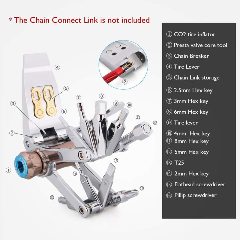 Bike Tool Mini 16 in 1 Multi-Tool - Chain Tool/Torx/Hex/Screwdriver Bicycle Multitool Kit - Cycling Mechanic Repair Tools with CO2 Inflator for Road and Mountain Bikes
