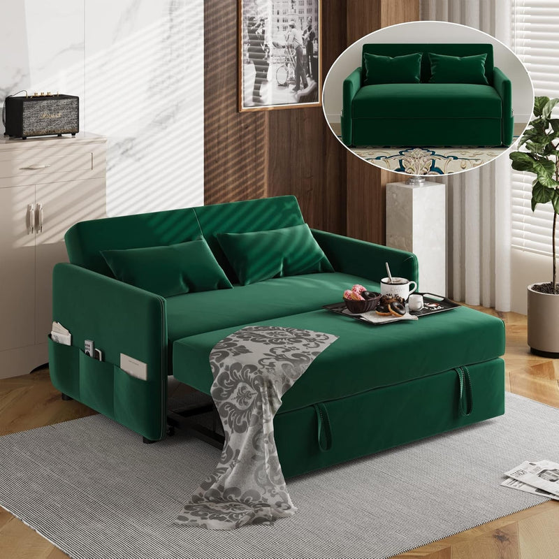 57" Convertible Sleeper Sofa Bed, 3 in 1 Upholstered Velvet Loveseat Sofa with Put Out Bed, Modern 2 Seats Couch with Adjustable Back, 2 Pillows Side Pocket for Living Room RV, Green