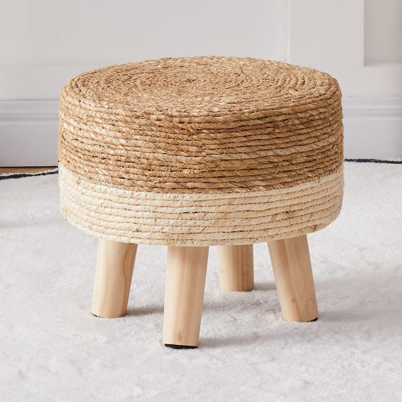 Cpintltr Foot Stool Natural Seagrass Hand Weave Poufs round Ottoman for Couch Desk Soft Step Stool Padded Foot Rest with Non-Skid Pine Legs for Hallway Office Lounge Natural