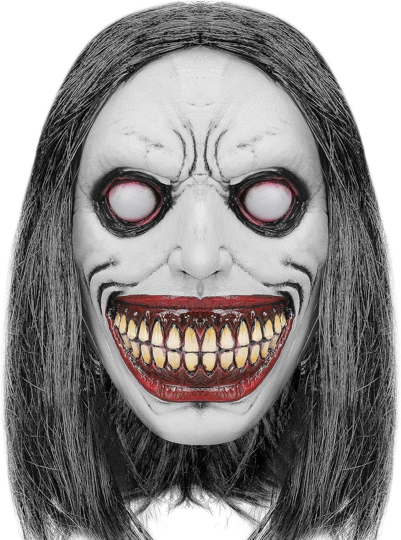 Creepy Smiling Demon Mask Costume Halloween Scary Evil Mask with Grey Hair Horror Ghost Mask Cosplay Prop for Adults