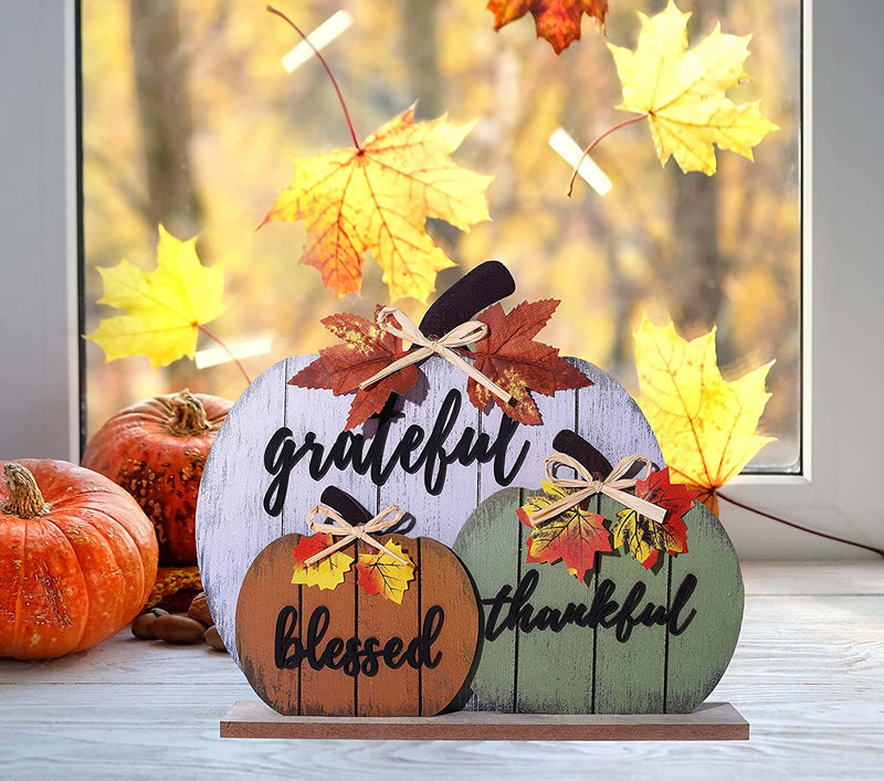 CYNOSA Fall Decorations for Home Blessed Grateful Thankful Fall Decor Wooden Pumpkin Tabletop Signs for Home Thanksgiving Farmhouse Living Room Harvest