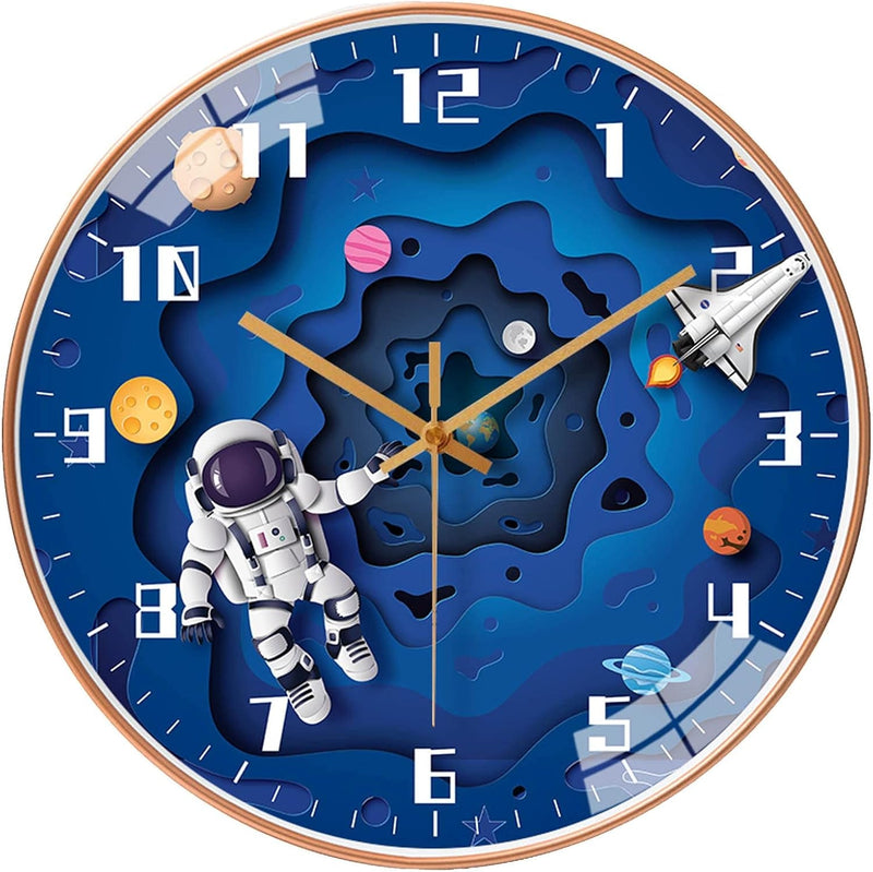 12 Inch Silent Movement Kids Wall Clock, Non Ticking Children round Wall Clock Battery Operated Space Travel Style Decor Children Clock for School Boys Bedroom Living Room Space Decor (Blue)