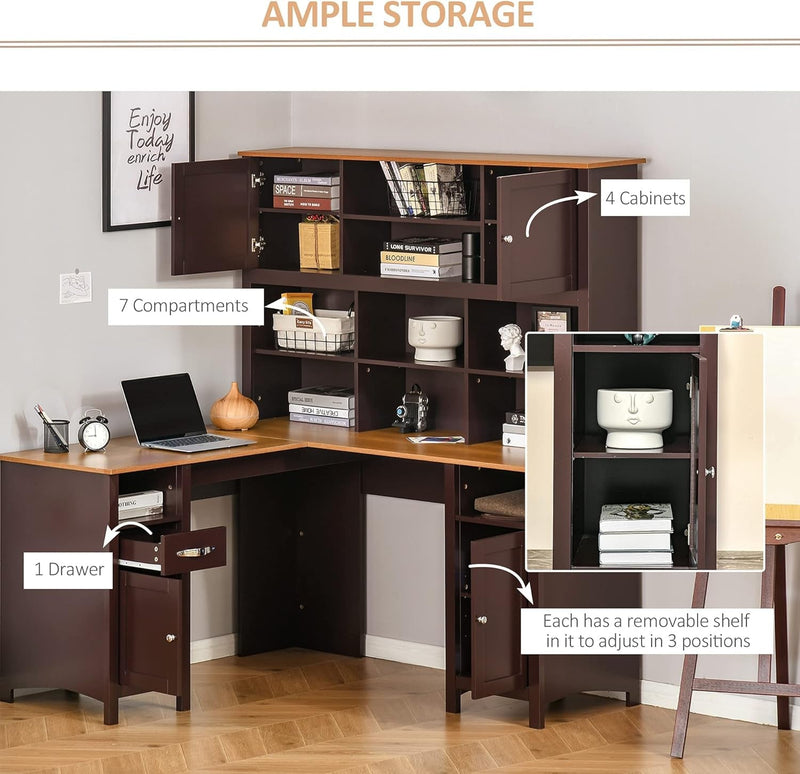 HOMCOM L Shaped Computer Desk with Hutch, 59" Corner Desk, Space Saving Home Office Desk with Storage Shelves, Drawer and Cabinet, Coffee Brown