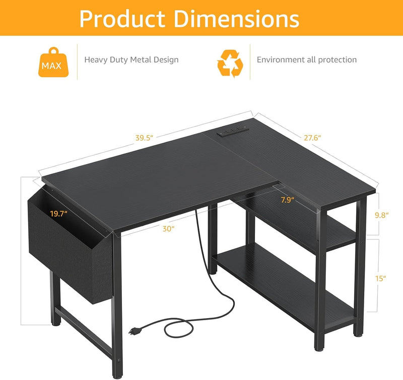 Black L Shaped Gaming Computer Desk with Power Outlet Shelves, 40 Inch Small Corner Desk for Small Space Home Office, Study Work PC Desks for Bedroom, Black