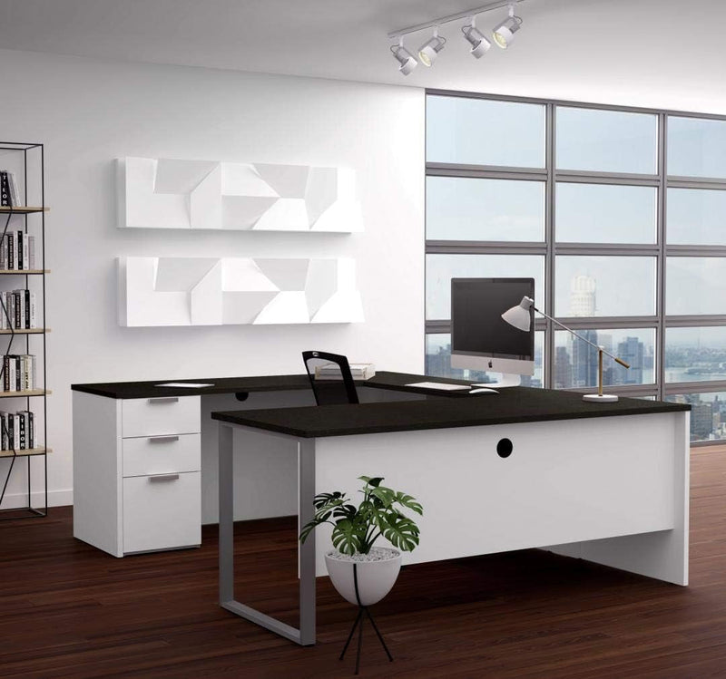 Bestar Pro-Concept plus U-Shaped Executive Desk with Pedestal, White & Deep Grey