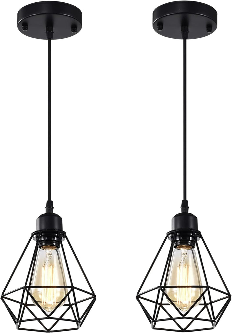 COTTAGE LIFE Black Pendant Light Fixtures 2 Pack Industrial Pendant Light Fixture Metal Cage Pendant Lights Farmhouse Pendant Lighting for Kitchen Island Dining Room Pendant Lighting Fixtures