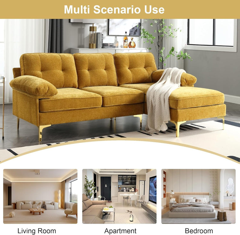 CALABASH 83" L Shaped Sectional Sofa, Chenille 3-Seater Sofa with Reversible Chaise, Modern Soft Cushion Fluffy Armrest Convertible Couch for Living Room Apartment Small Spaces (Yellow)