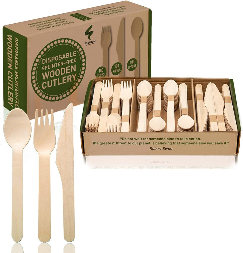 Disposable Wooden Cutlery Set - 300 Count (100 Forks, 100 Knives, 100 Spoons) – Plastic-Free Packaging - Biodegradable Silverware and Splinter-Free Compostable Utensils for Parties