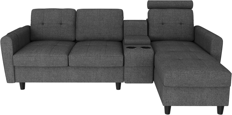 HONBAY Convertible Sectional Couch L Shaped Sofa with Cup Holders, Modern Sectional Sofa 4-Seat Sofa with Reversible Chaise, Dark Gray