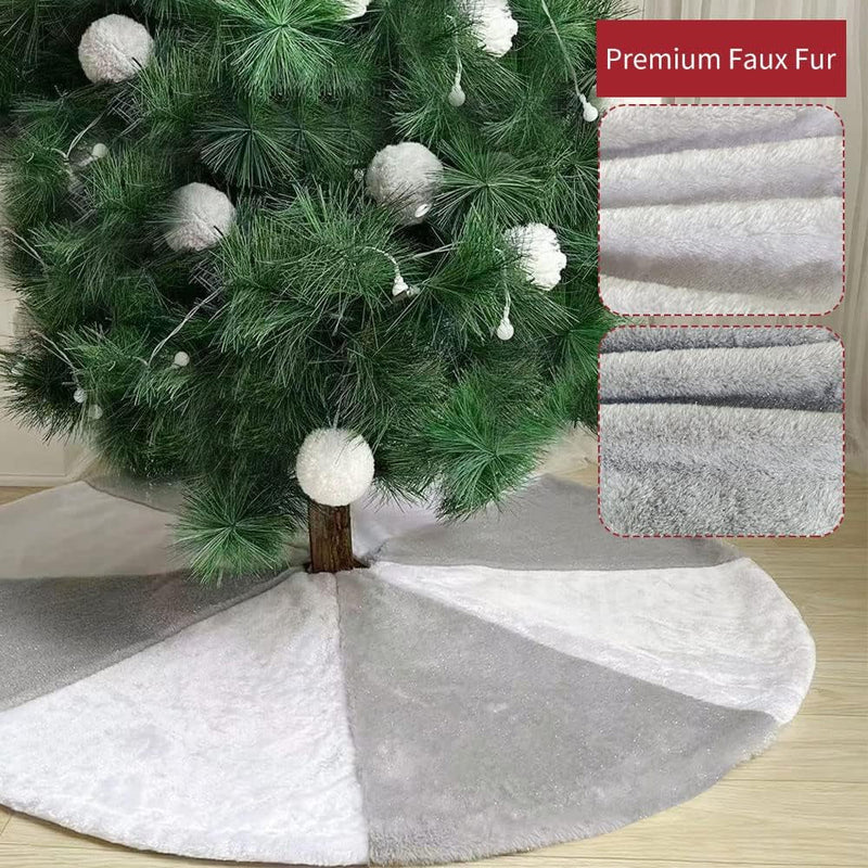 Christmas Tree Skirt, 48 Inch Large White & Grey Faux Fur Christmas Tree Base Mat with Silver Tinsel for Xmas Decoration or Home Décor