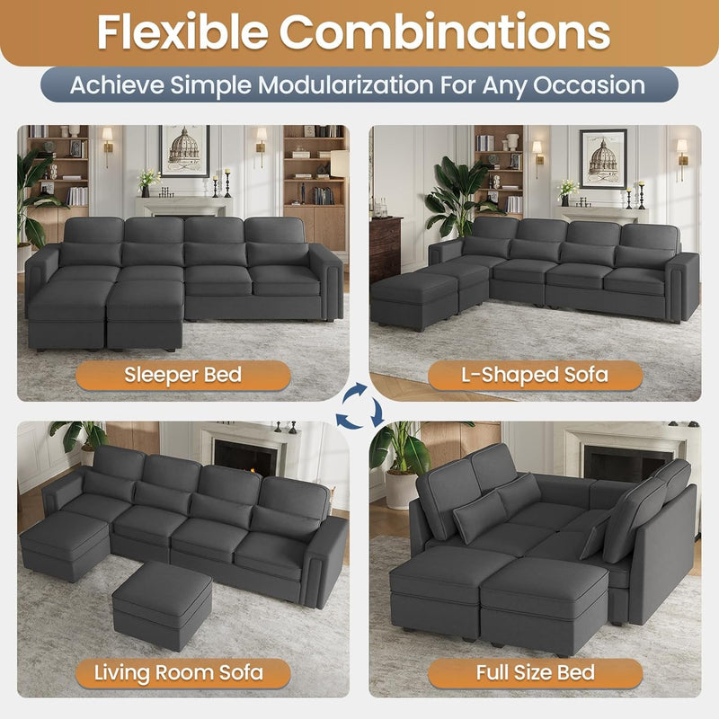 110'' Sectional Couch with Reversible Chaise Modern Convertible U-Shape Sofa with Storage Modern 6-Seat Chenille Corner Couch Modular Sectional Sofa with Ottoman for Living Room,Grey