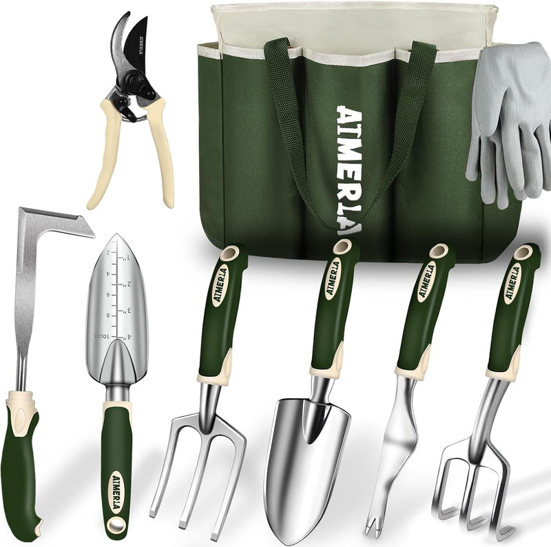 Gardening Tools Set of 9 Heavy Duty Garden Tools with Non-Slip Rubber Grip with Large Garden Bag for Tools Durable Hand Tools for Gardening, Weeding,Gardening Gifts for Women,Men