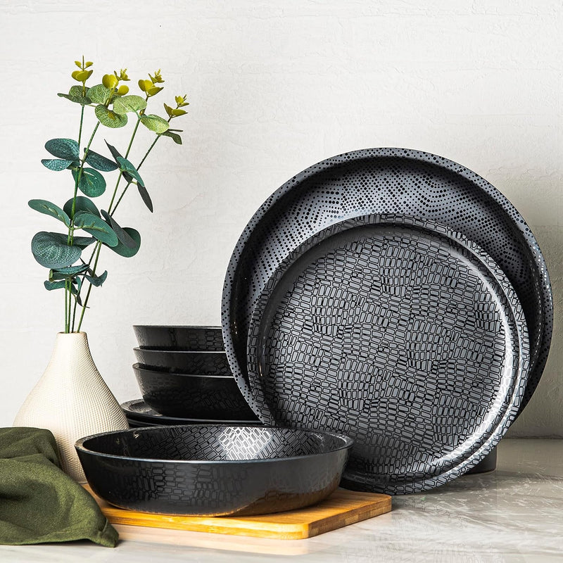 Bzyoo 12 Piece Melamine Dinnerware Set - Durable, Dishwasher Safe Black Plates and Bowls - Casual Dining, Parties, Camping Dish Set Mono Black Collection