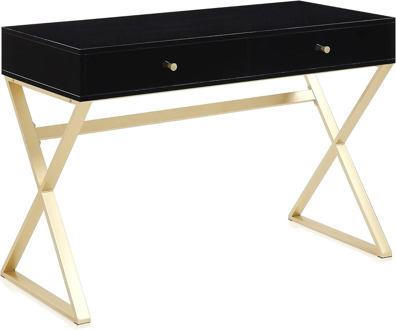 BELLEZE Modern 45 Inch Makeup Vanity Dressing Table or Home Office Computer Laptop Writing Desk with Two Storage Drawers, Wood Top, and Gold Metal Frame - Chelsea (Black)