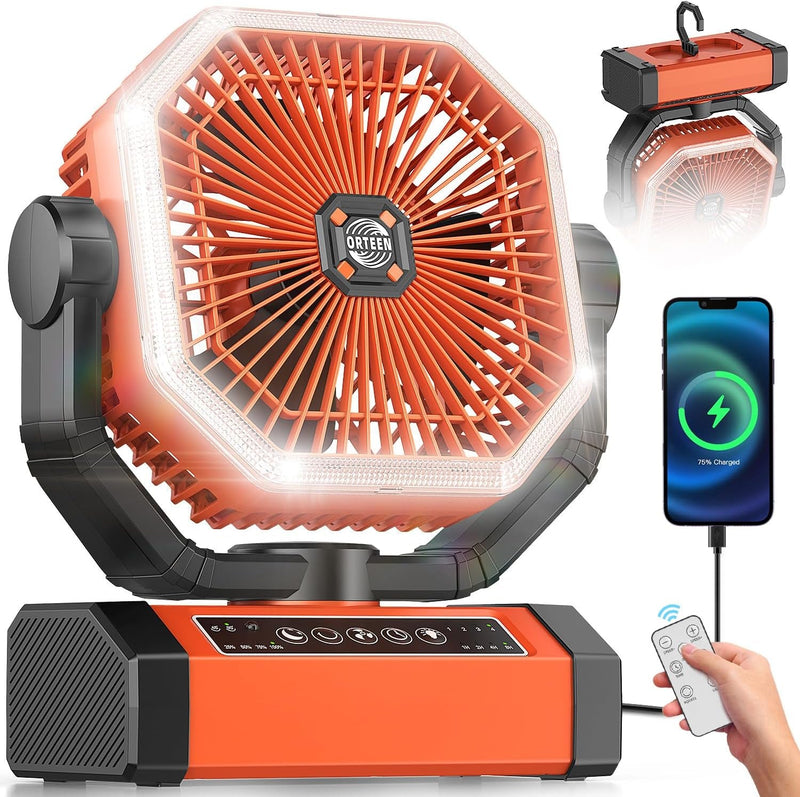 Battery Powered Fan - 9-Inch Rechargeable Fan Portable, 20000Mah(60Hrs) Camping Fan for Tent, Auto Oscillation Cordless Fan, Tent Fan for Camping with Remote/Light, 4 Speeds, 4 Timing, Outdoor