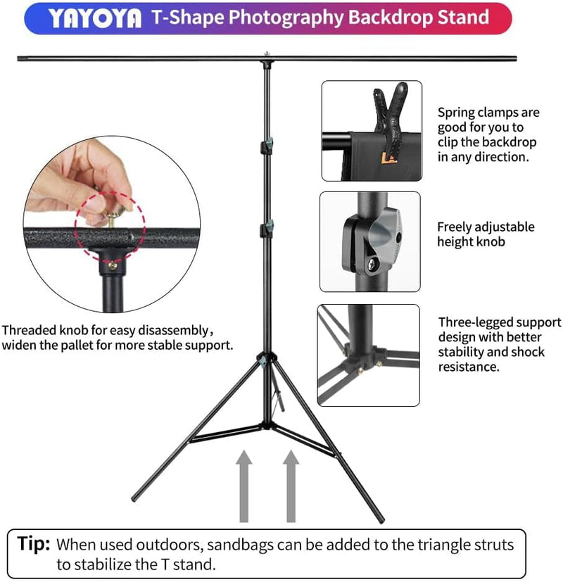 Black White Backdrop Screen with Stand Kit 5X6.5Ft for Photo Video Studio, 2-In-1 Revisible Black Backdrop White Screen with T-Shaped Photography Background Support Stand and 5 Backdrop Clamps