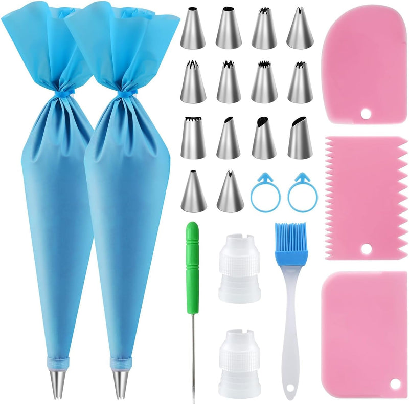 Firstake Piping Bags and Tips Set - Reusable Piping Bags, 16 Inch Silicone Pastry Bags, anti Burst Cake Decorating Bags, Icing Bags, Non-Slip Frosting Bags for Baking Cupcake and Cookies