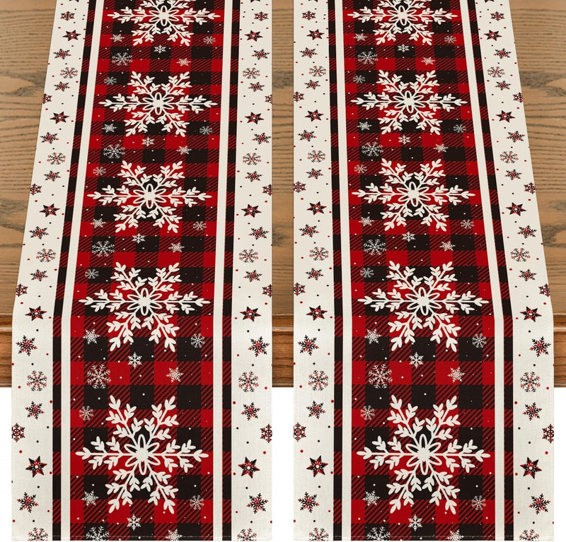 Artoid Mode Buffalo Plaid Snowflakes Christmas Table Runner, Seasonal Winter Kitchen Dining Table Decoration for Home Party Decor 13X72 Inch