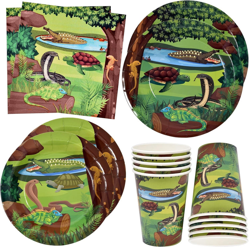 122 Pcs Reptile Lizard Snake Party Supplies Set Paper Plates Cup Napkin for Wildlife Turtle Wilderness Jungle Birthday Disposable Dinnerware Serves 24