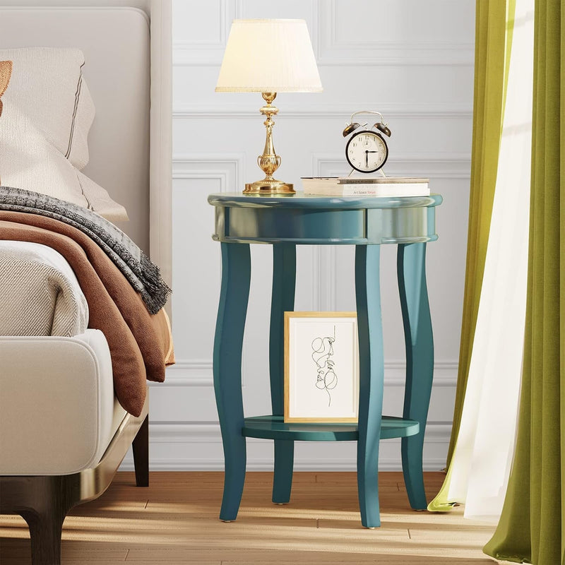 Acme Aberta Wooden round End Table with Bottom Shelf in Teal