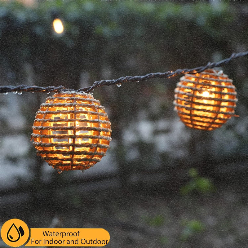 Decorative Lantern String Lights, 10 Mini Bulbs with Seagrass Rattan Wire Ball Style, UL Listed Connectable Weatherproof Indoor Outdoor Patio String Light Plug in for Home Pergola Porch Party Backyard