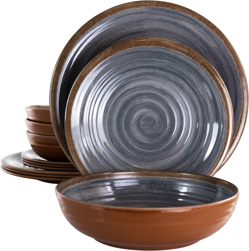 Elama Lightweight Dinnerware Set, 12 Piece, Blue and Brown