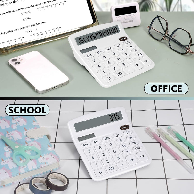 Cute White Desktop Calculator with Big Buttons, Dual Power Source, Solar and Battery, Large Display Screen - Perfect for Office, Teachers, and Students (White)