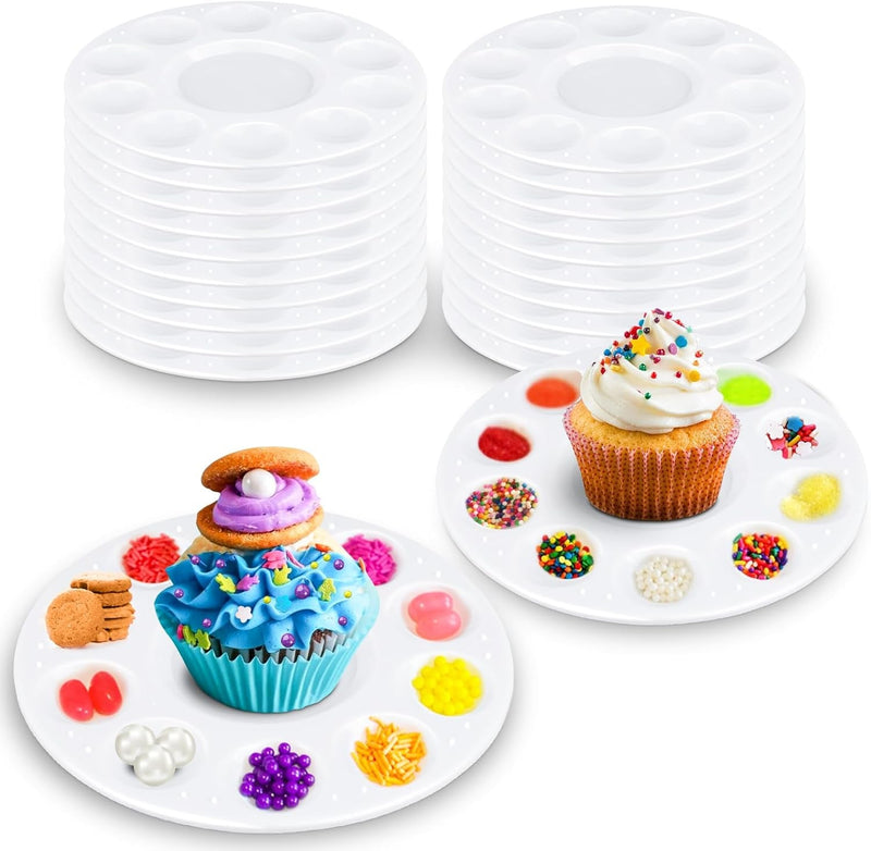 AIERSA Cupcake Decorating Plates for Kids Party, Kids Cupcake Holder Decorating Tray with 10 Wells for Dessert Sprinkles, Kids Birthday Party Supplies(Set of 10)