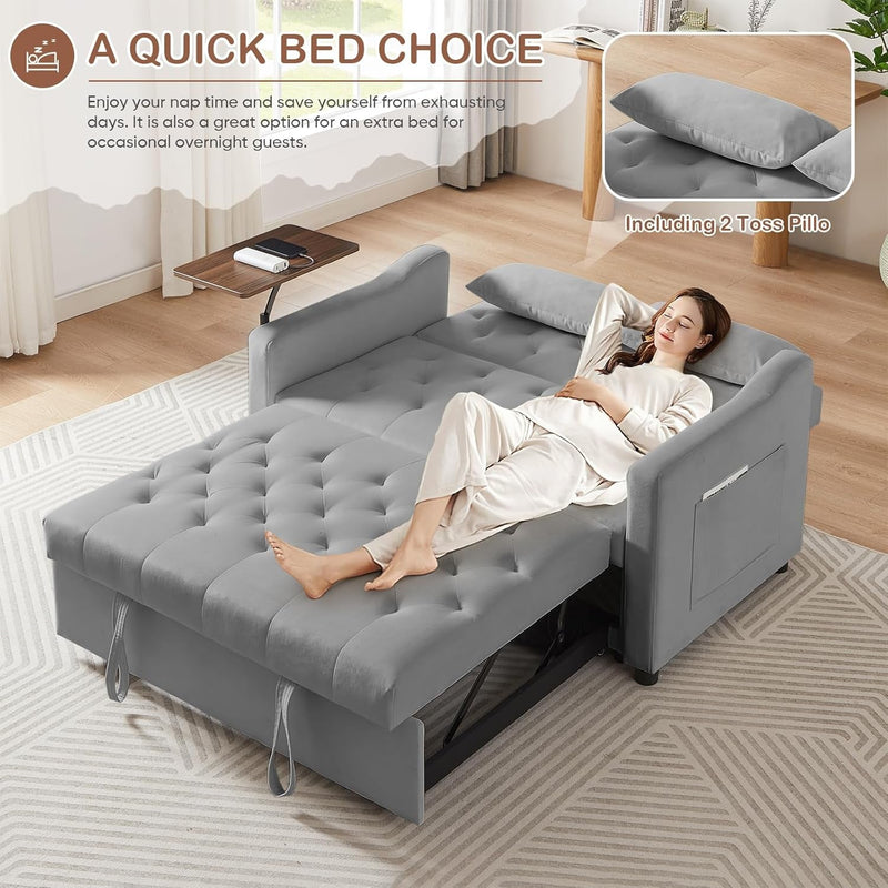 Antetek 3 in 1 Convertible Sofa Bed W/360° Rotating Side Table, 53" Modern Velvet Loveseat Sofa, Sleeper Pullout Bed W/Adjustable Backrest for Living Room Apartment, Office, Small Space, Grey
