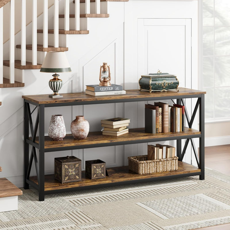 55 Inch Entryway Table, Narrow Long Console Table with Storage, 3 Tier Wood Sofa Table for Living Room, Industrial behind Couch Table, Hallway Table for Foyer, Entryway Furniture-Rustic Brown