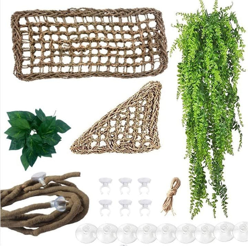 Bearded Dragon Hammock,Reptile Lounger Lizard Natural Seagrass Habitat Decor Reptiles Tank Hanging Plants Jungle Climber Vines Flexible Leaves Accessories for Lizards Chameleon Gecko Corn Snakes