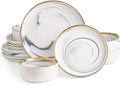 Dinnerware Sets, Marble Gold Line Plates and Bowls Sets Stoneware Dishes Set for 4, 12 Piece White Grey Marble Porcelain round Dinner Dish Sets