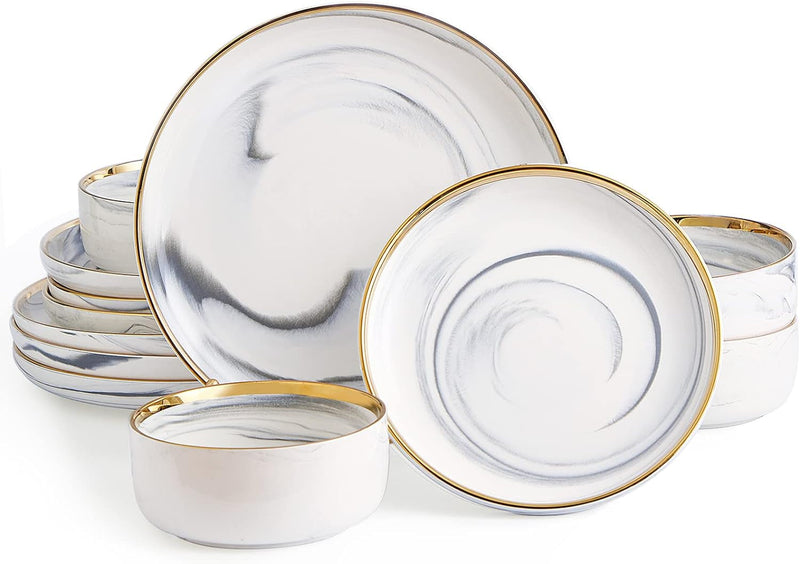 Dinnerware Sets, Marble Gold Line Plates and Bowls Sets Stoneware Dishes Set for 4, 12 Piece White Grey Marble Porcelain round Dinner Dish Sets