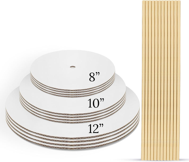 Fromjennwithlove Cake Cardboard Rounds - Includes 8", 10", 12" Cake Boards with 12" X 0.25" Bamboo Dowels, Tier Cake Stacking Kit, Cake Dowels for Tiered Cakes, Cake Decorating Supplies