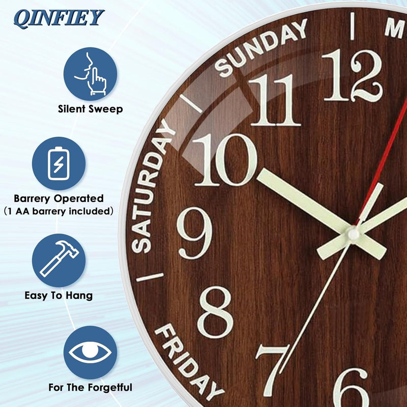 12 Inch Day of Week Wall Clock, Non Ticking Modern Clocks Battery Operated，Analog Day Clock for Seniors Eldly，Classic for Office Home Classroom School Living Room,Unique Gift Clock(Brown)