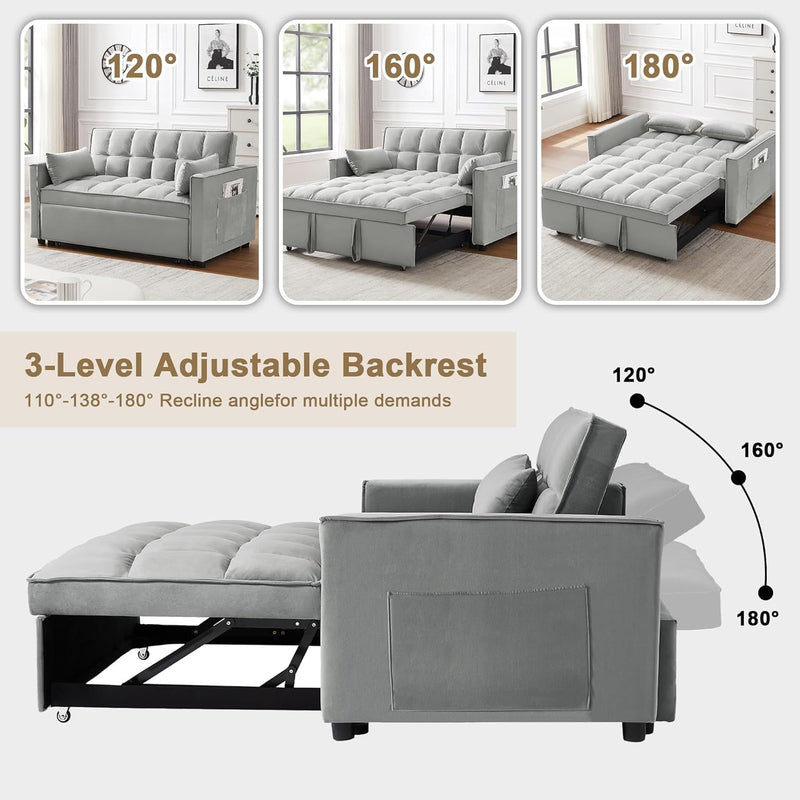 Convertible Sofa Couch 3-In-1 Multi-Functional Velvet Pull-Out Bed, 55'' Loveseat Chaise Lounge with Adjustable Backrest and Pillows, Grey