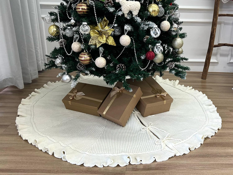 60-Inch Ruffled Sweater Knit Christmas Tree Skirt with Lace Ties, Cream White