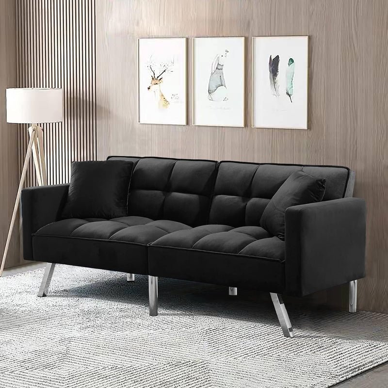 Folding Tufted Convertible Sleeper Sofa Bed, Adjustable Lounge Loveseat Futon Couch Recliner Reversible Daybed with Metal Legs and Throw Pillows Home Furniture for Living Room