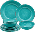 12 Pcs Melamine Dinnerware Sets,Service for 4,Nonbreakable BPA Free Dishes Set with Plates and Bowls Sets for Everyday Use and Patio, Rvs and Camping, Dishwasher Safe,Green