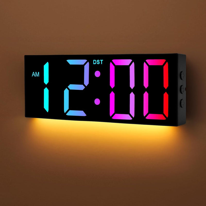 Alampan 12" Large Digital Wall Clock with Remote Control, Corded RGB LED Clock with Full Screen Display, Big Wall Clock for Classroom, Living Room, Elderly, Wall Mount Clock with DST, LED Wall Decor