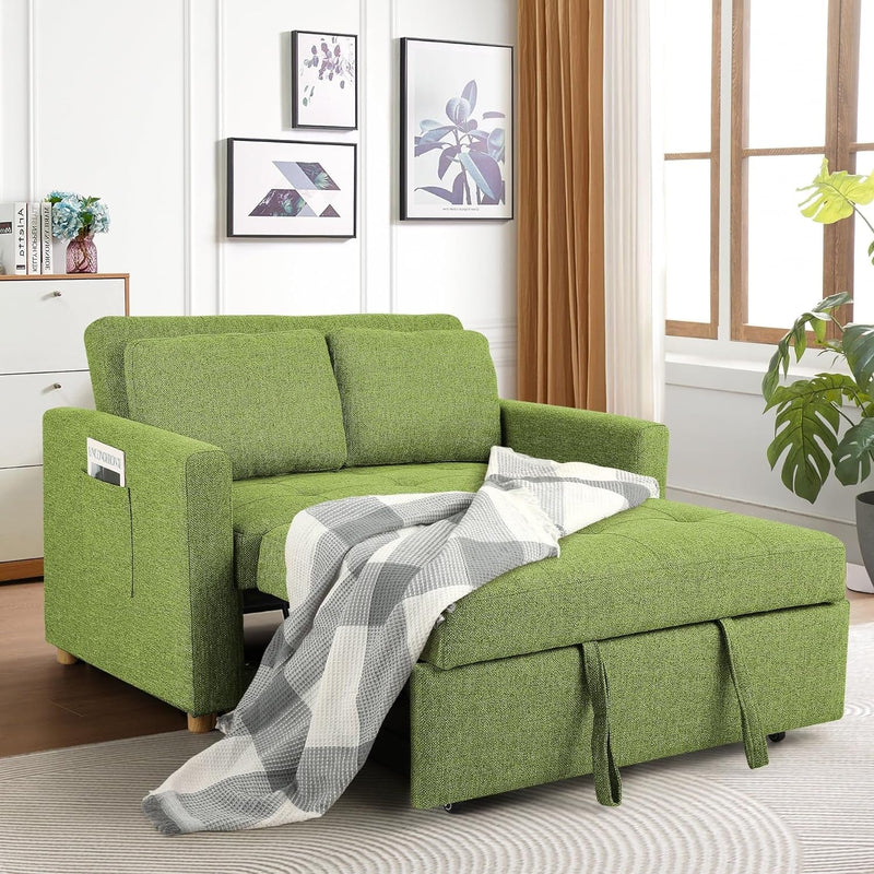 Convertible Sofa Bed, 3-In-1 Sleeper Sofa Pull Out Couch Bed, 2-Seater Linen Fabric Loveseat Futon Sofa with Spring Support, Adjustable Backrest for Small Spaces, Living Room, Olive Green