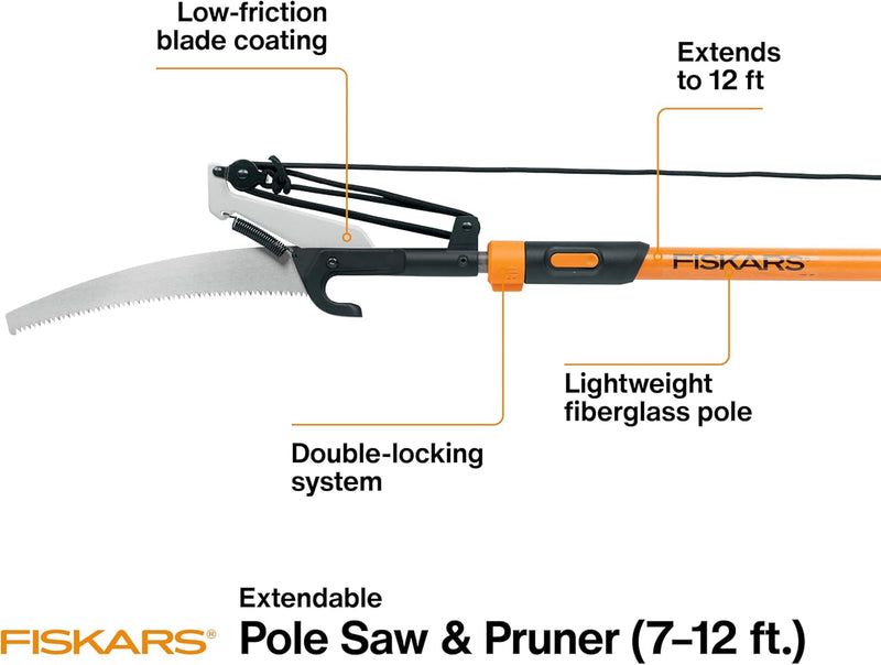 Fiskars 2-In-1 Extendable Tree Pruner and Pole Saw (Extends to 12 Feet) with 12-Inch Double-Grind Saw and Double Locking System