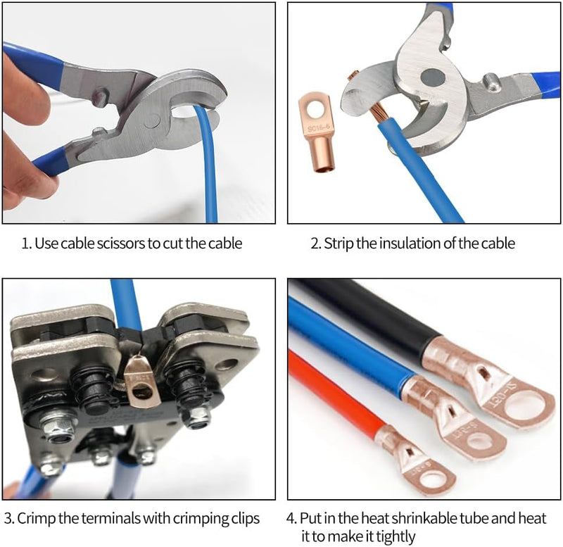Cable Lug Crimping Tool with 170Pcs Copper Wire Lugs and 210Pcs Heat Shrinkable Tube, Wire Crimping Tool for AWG 10-1/0 Electrical Lug Crimper, with Cable Cutter