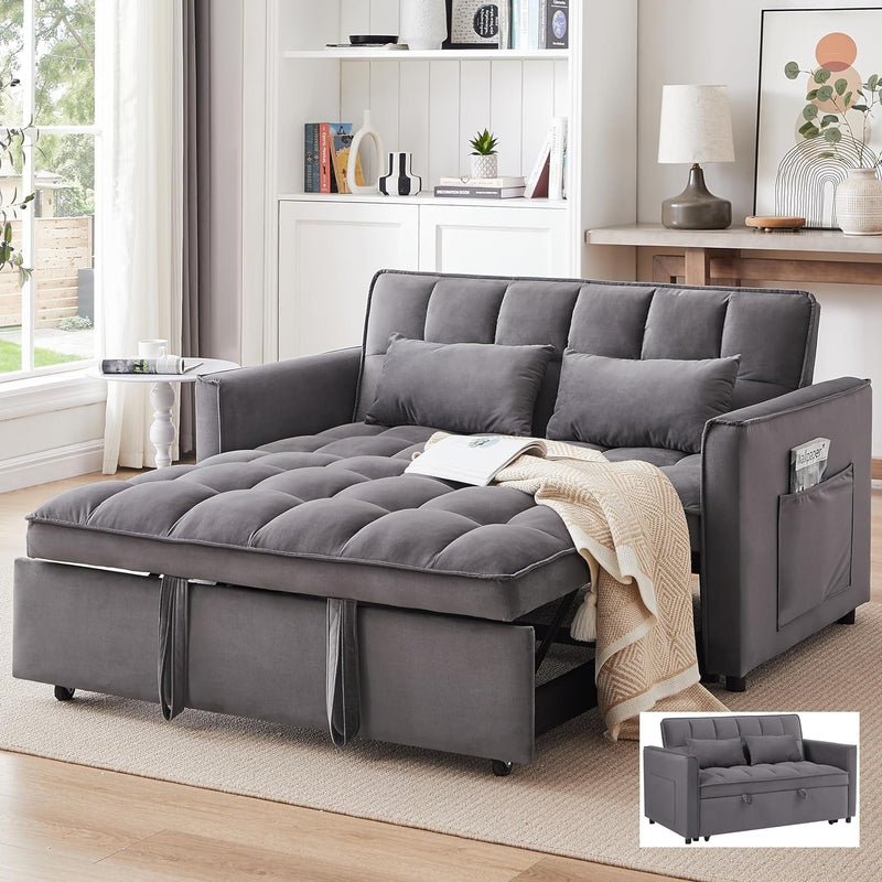 CALABASH 3 in 1 Convertible Sleeper Sofa Bed, 55 Inch Modern Pull Out Couch Bed, Adjustable Backrest, Velvet Loveseat Futon Sofa with Pillows & Pockets for Living Room Apartment, Grey