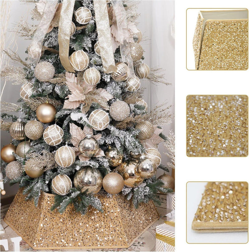 Champagne Gold Christmas Tree Collar with Sparkling Sequins,Christmas Tree Collars for Atificial Trees, 33.5 Inch Christmas Tree Skirt, Xmas Tree Stand Base Cover,Holiday Home Decor Tree Ring(Large)