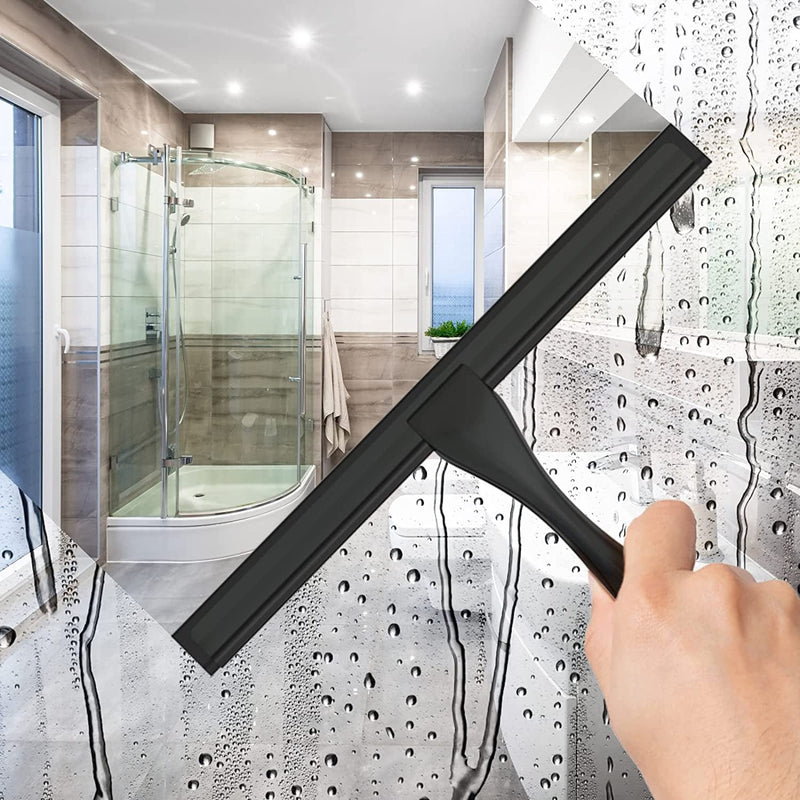 All-Purpose Stainless Steel Shower Squeegee for Shower Doors with 2 Adhesive Hooks, Bathroom Cleaner Tool Household Window Mirror Squeegee for Home Cleaning, Glass Door, Tile Wall, Car, 10 Inch Black