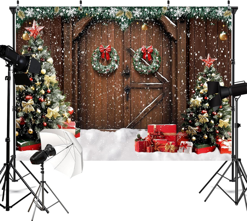 5X7Ft Christmas Backdrop Rustic Barn Wood Door Party Photography Backdrop Background Xmas Family Tree Snow Gift Wall Floor Party Decorations Supplies Photo Studio Props Pictures