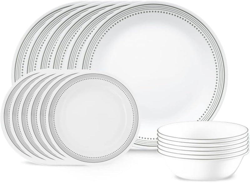 Corelle Vitrelle 18-Piece Service for 6 Dinnerware Set, Triple Layer Glass and Chip Resistant, Lightweight round Plates and Bowls Set, Winter Frost White